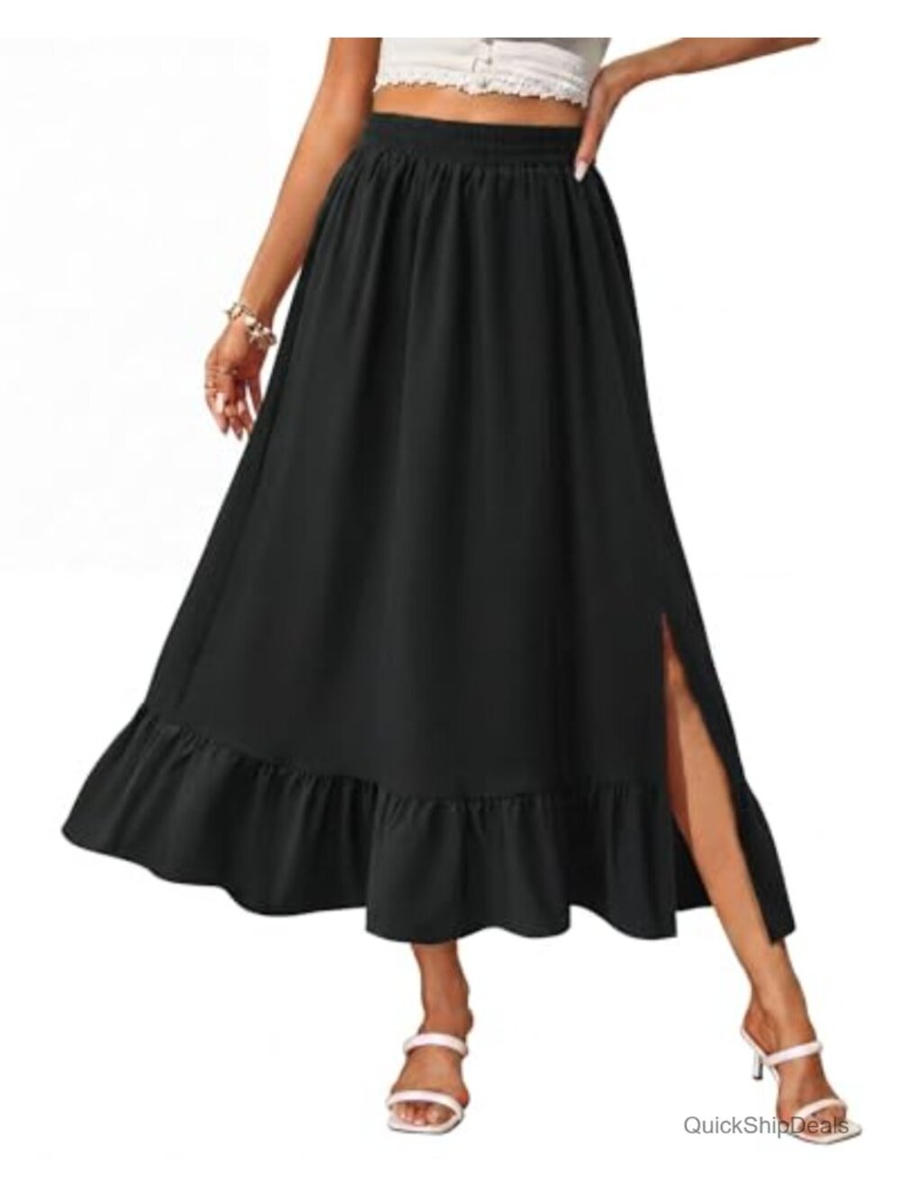 Women's Flowy High Waist A-Line Midi Skirt with Pleats & Slit